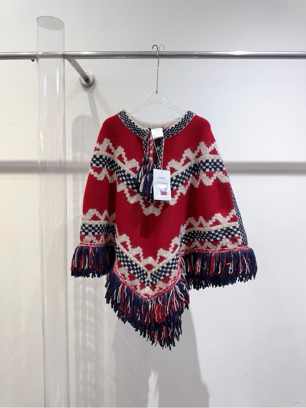 CHANEL Red Patterned Fringe Knit Poncho with Navy & Cream Accents
